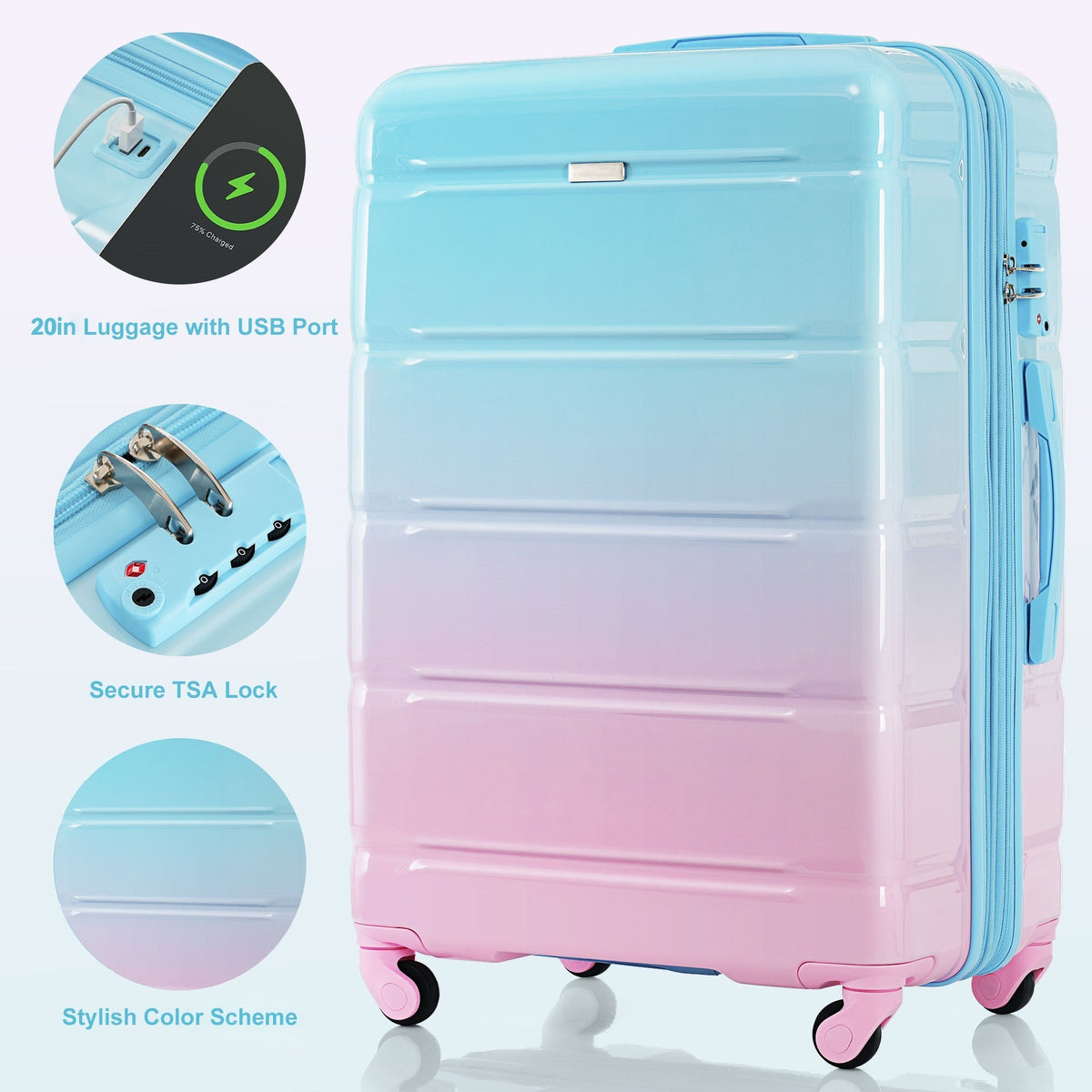 3-piece Luggage Set, 20-inch USB Airline Certified Carry-on ABS+PC