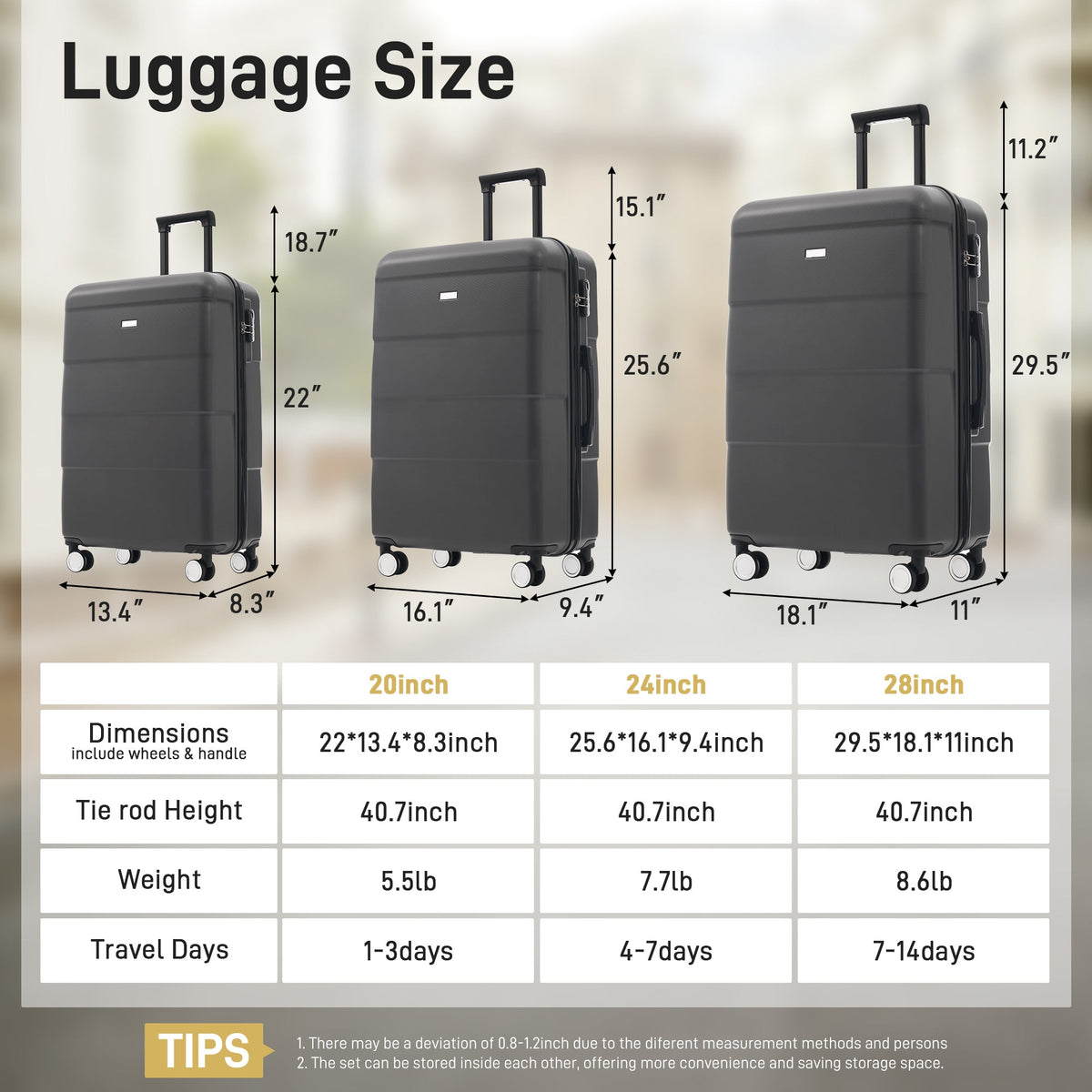 3-Piece ABS Hardshell Luggage Set with Password Lock, Spinner Wheels