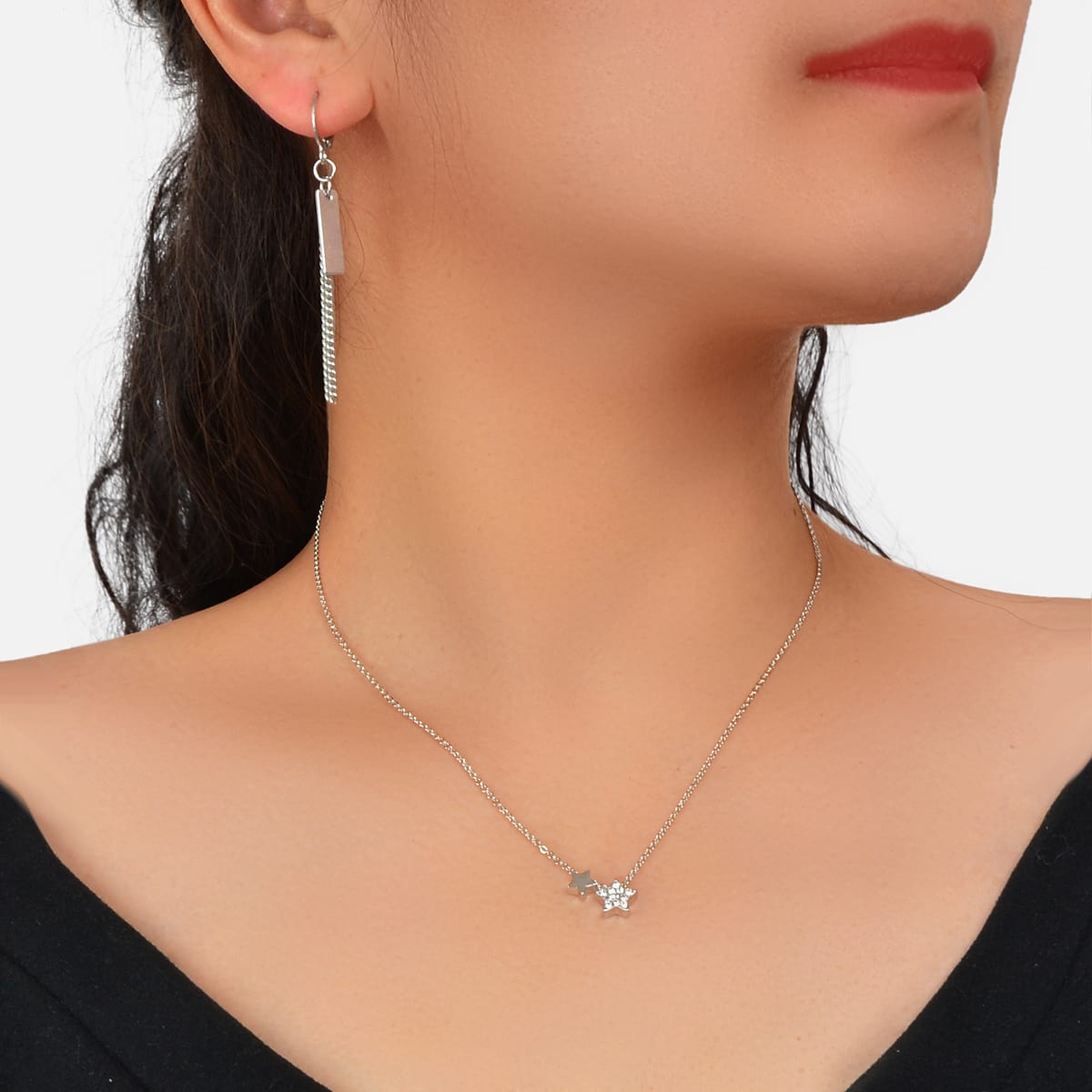 Silver Star Pendant Necklace & Rectangular Tassel Earrings Set