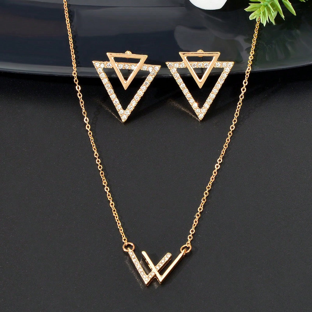 Double V Pendant Necklace with Triangle Earrings Set Chic Stylish