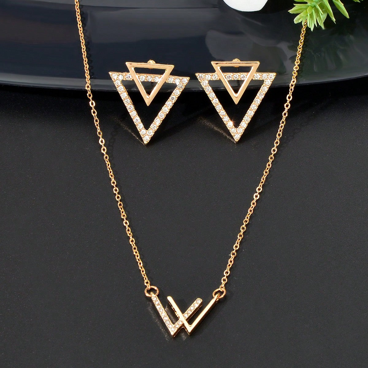 Double V Pendant Necklace with Triangle Earrings Set Chic Stylish