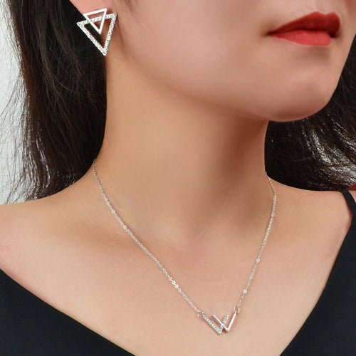 Double V Pendant Necklace with Triangle Earrings Set Chic Stylish
