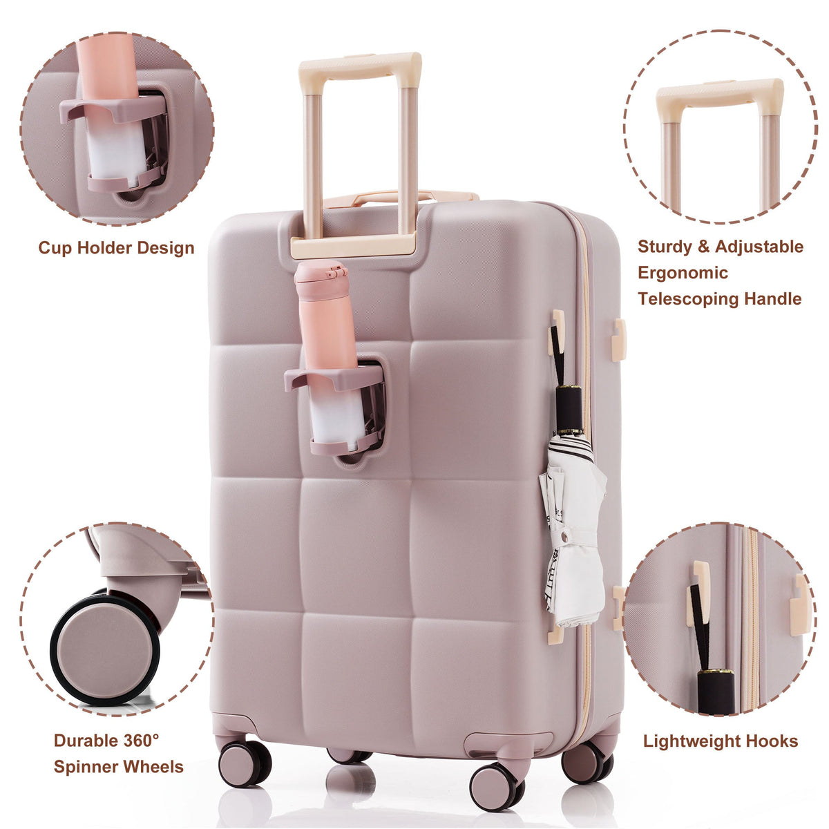 3-Piece ABS Luggage Set with Cup Holder, Side Hooks and Spinner Wheels
