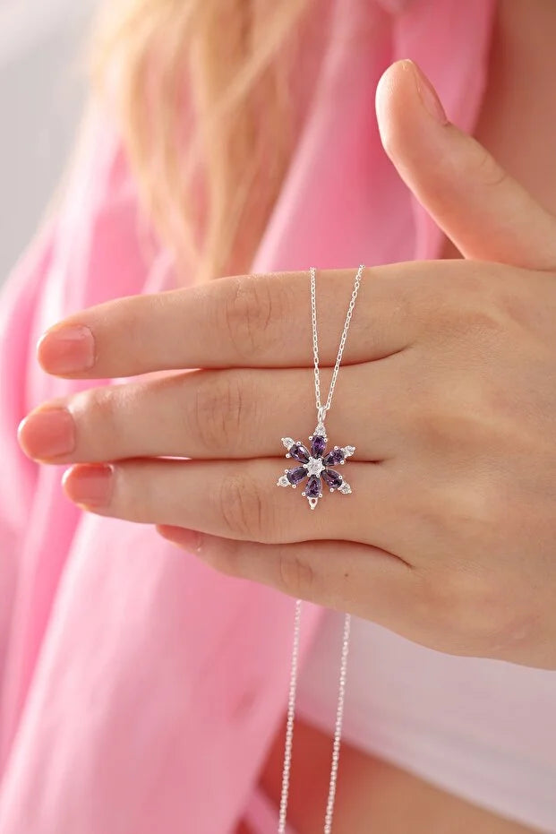 925 Sterling Silver Lotus Camellia Necklace with Amethyst Teardrop