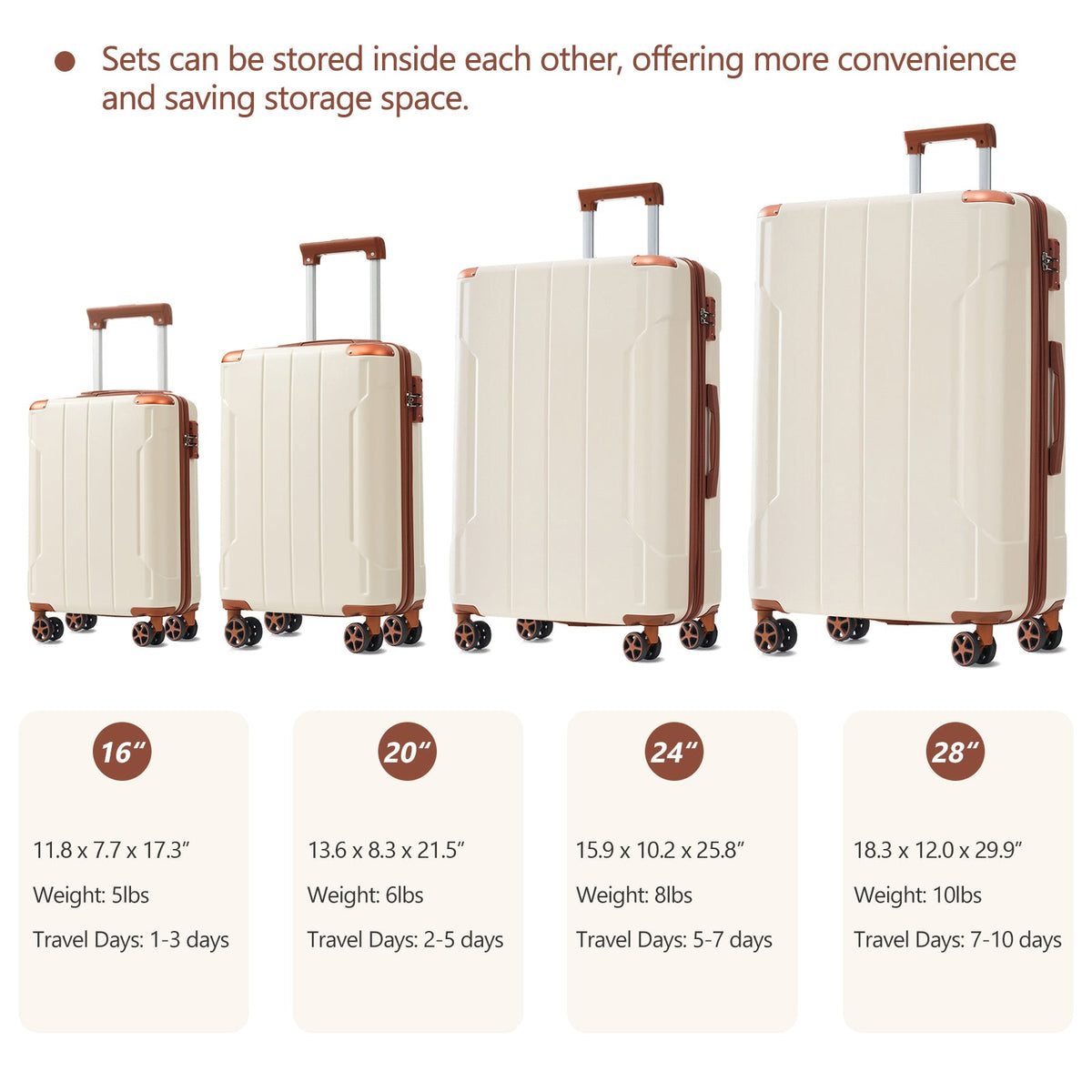 Brown White 6-Piece Expandable ABS Luggage Set with Duffel and