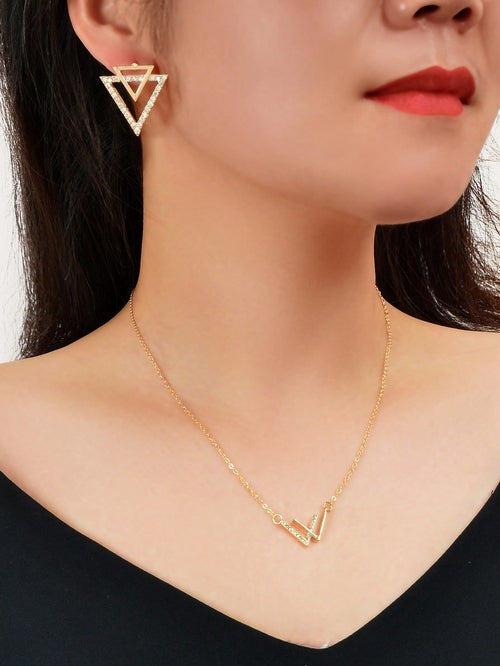 Double V Pendant Necklace with Triangle Earrings Set Chic Stylish