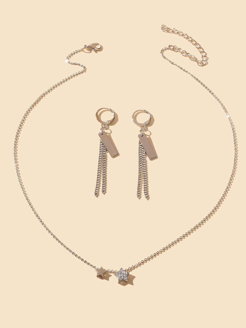 Silver Star Pendant Necklace & Rectangular Tassel Earrings Set