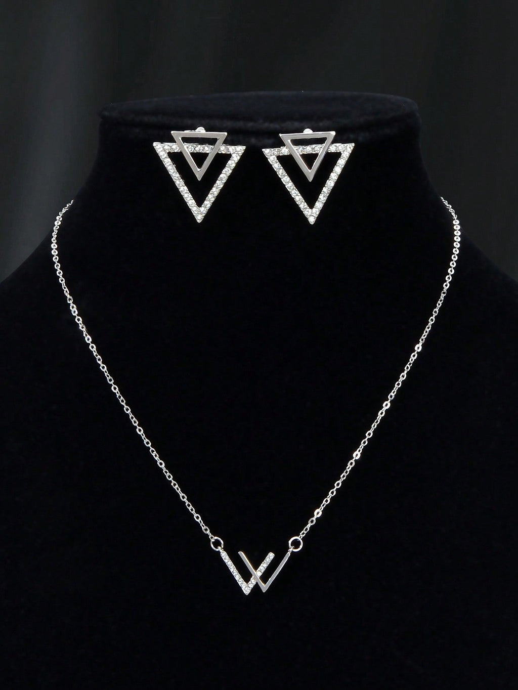 Double V Pendant Necklace with Triangle Earrings Set Chic Stylish