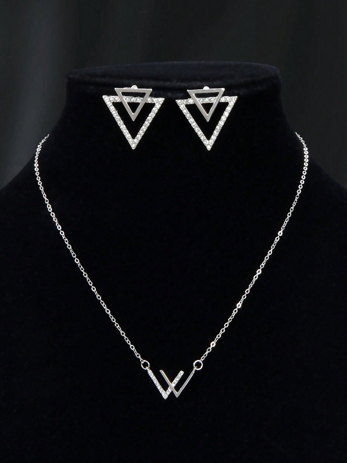 Double V Pendant Necklace with Triangle Earrings Set Chic Stylish