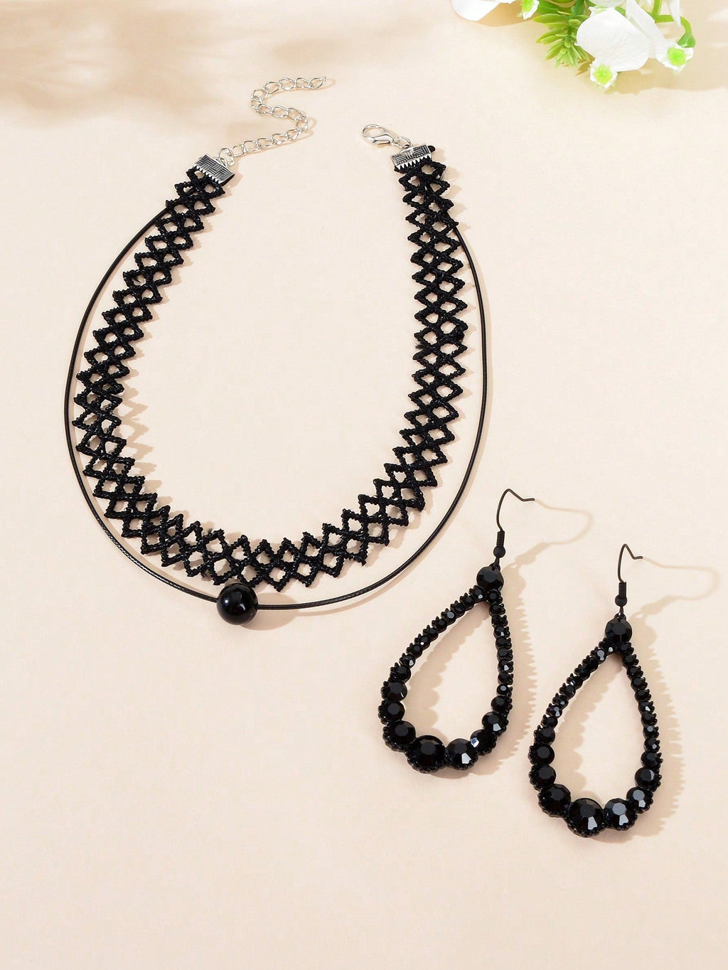 Black Lace Necklace with Teardrop Pendant Earrings Set - Elegant