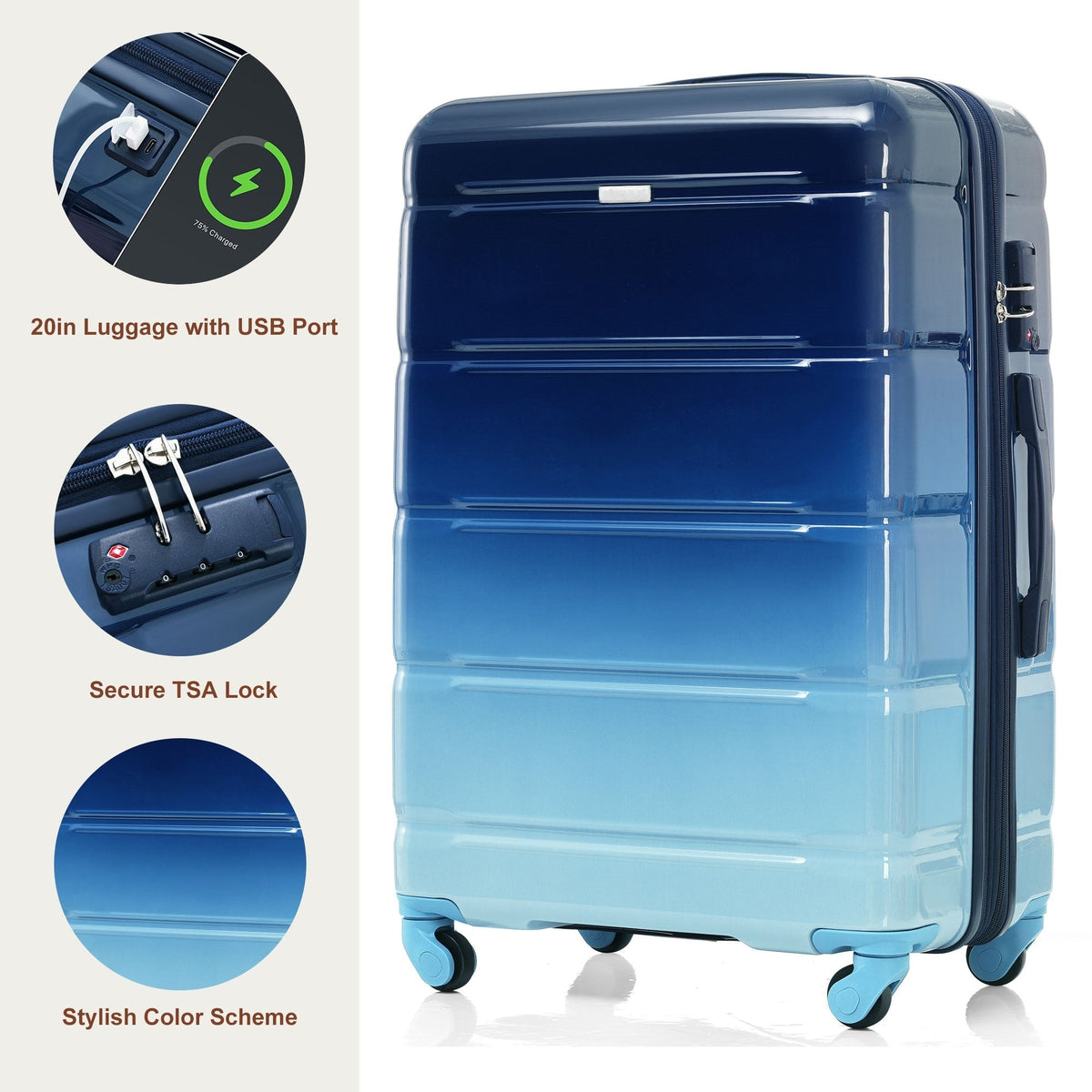 3-piece Luggage Set, 20-inch USB Airline Certified Carry-on ABS+PC