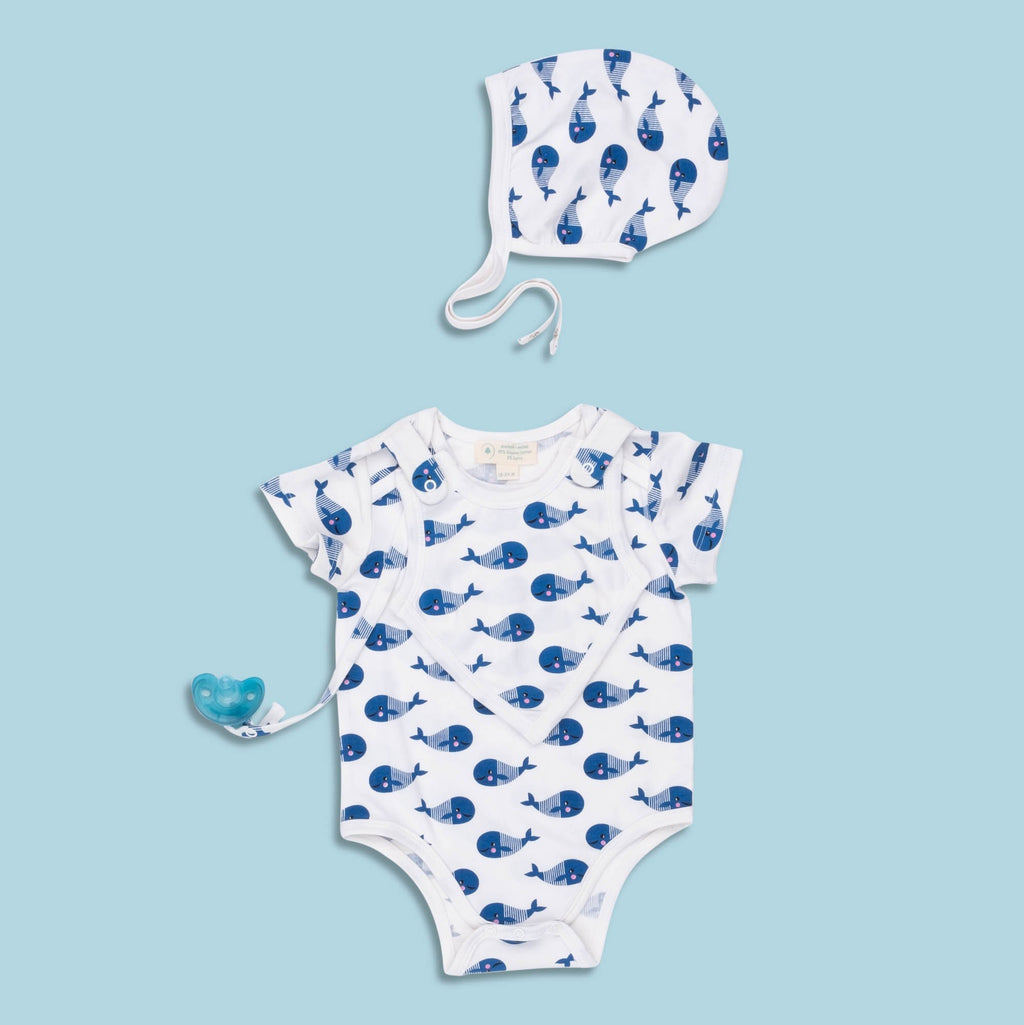 Smart Short Sleeve Baby Bodysuit + Bib - Blue Whale