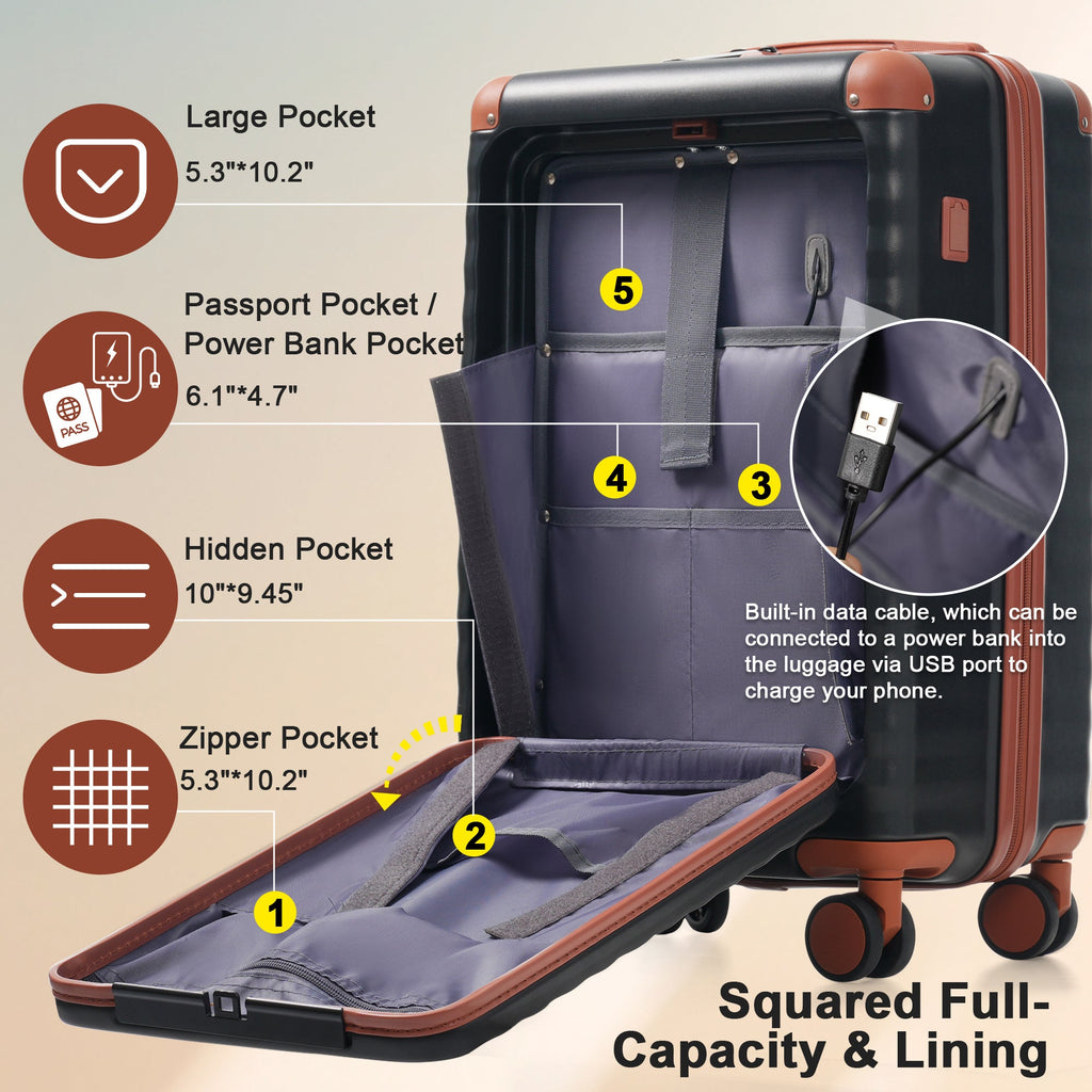 5-Piece ABS Hardshell Luggage Set with Front Opening, TSA Lock, USB