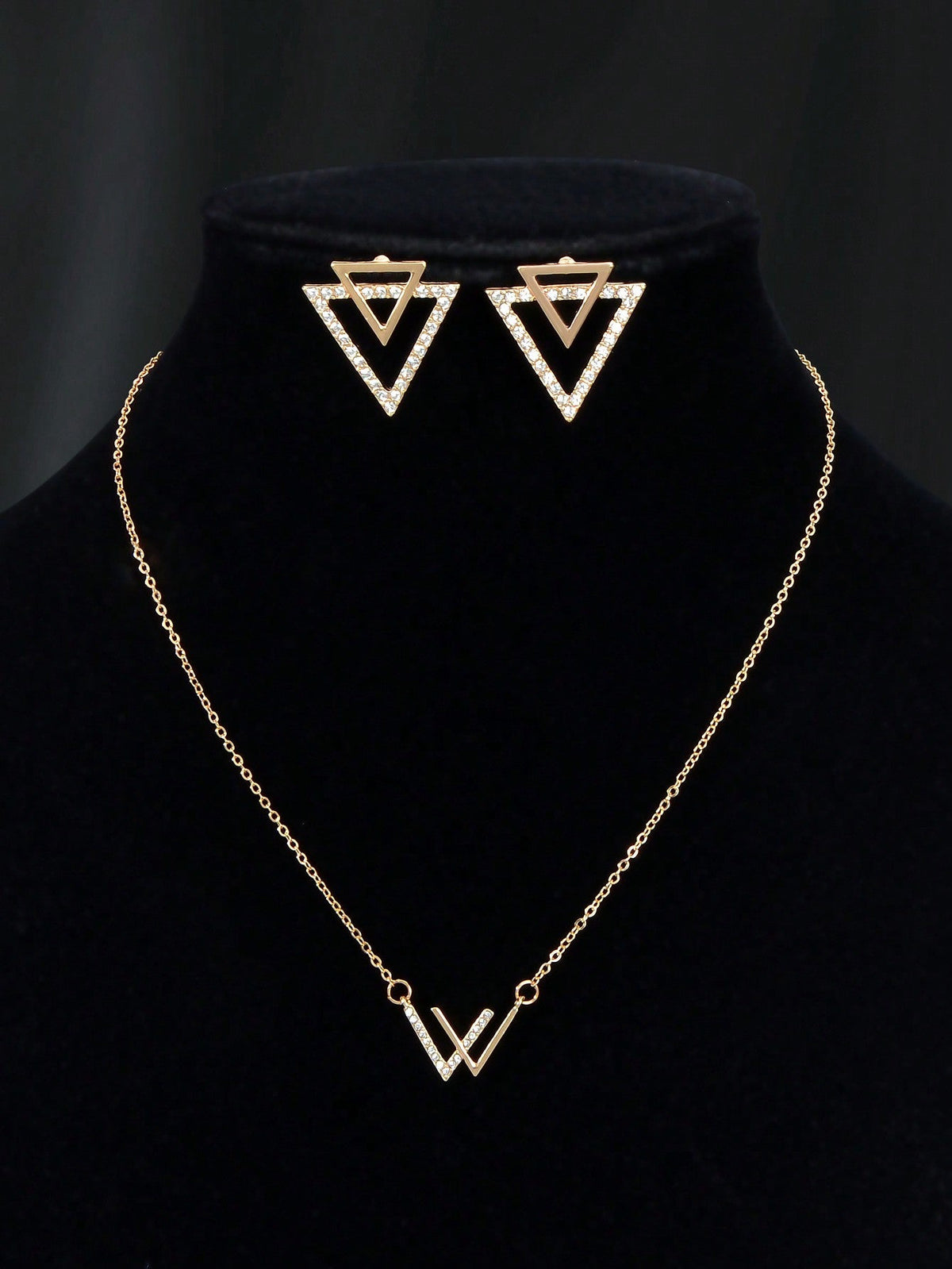 Double V Pendant Necklace with Triangle Earrings Set Chic Stylish