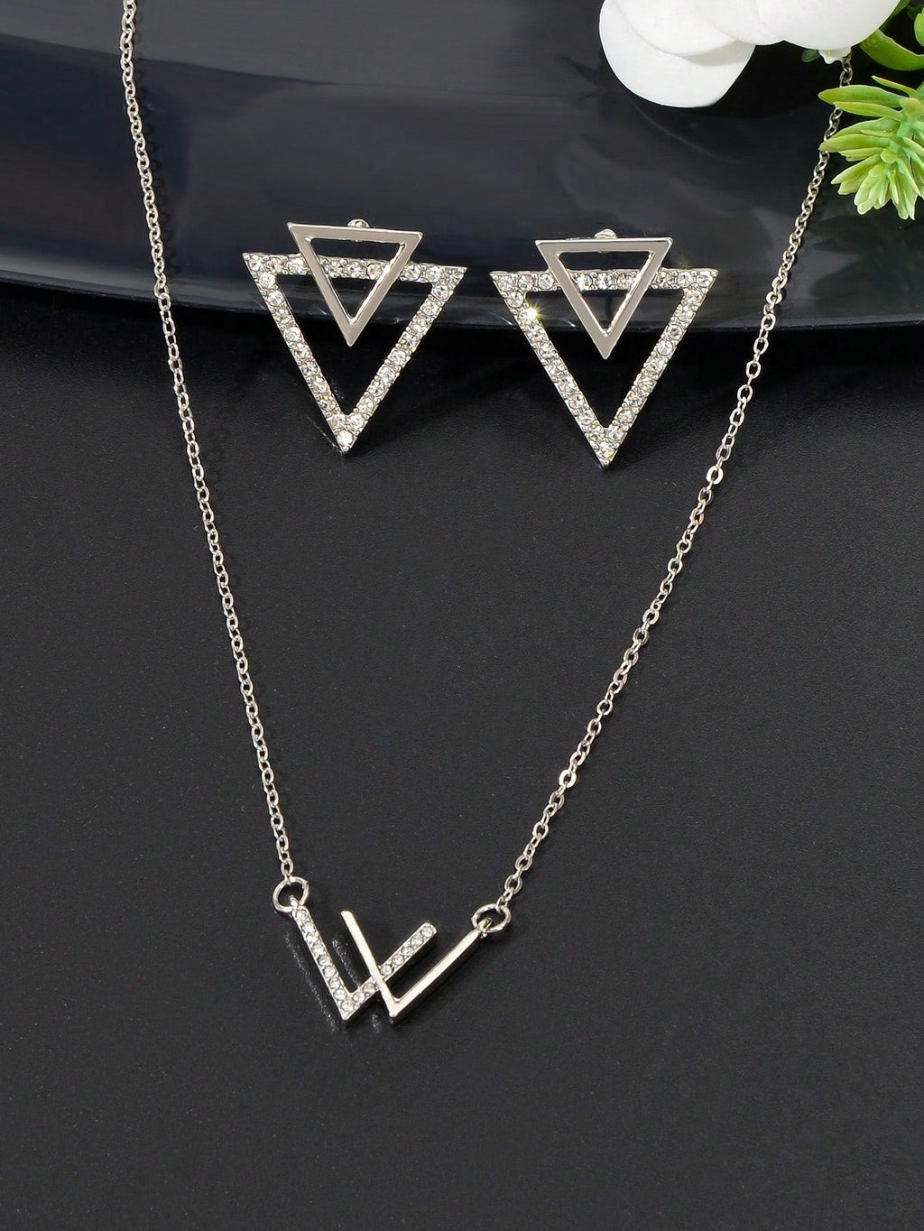 Double V Pendant Necklace with Triangle Earrings Set Chic Stylish
