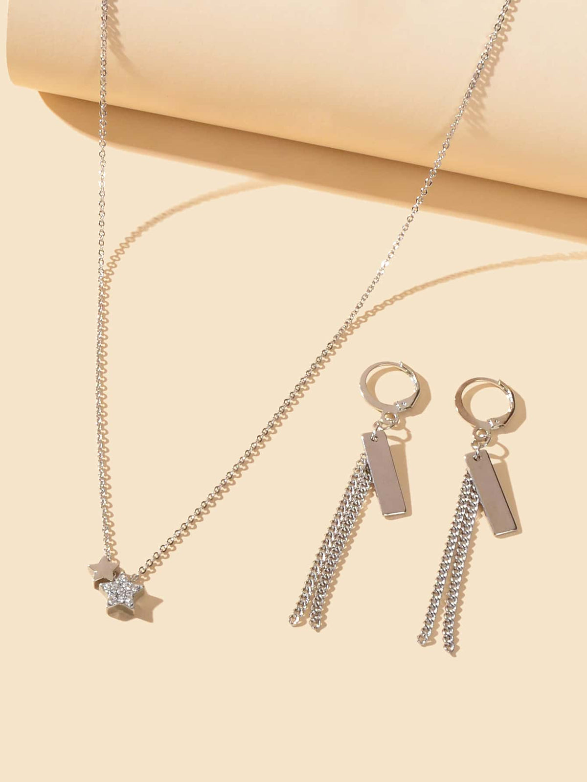Silver Star Pendant Necklace & Rectangular Tassel Earrings Set