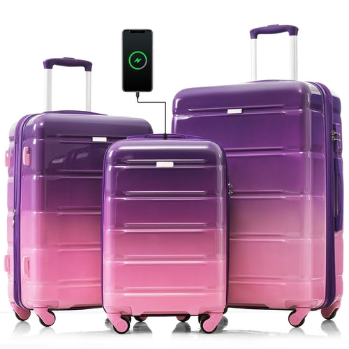 3-piece Luggage Set, 20-inch USB Airline Certified Carry-on ABS+PC