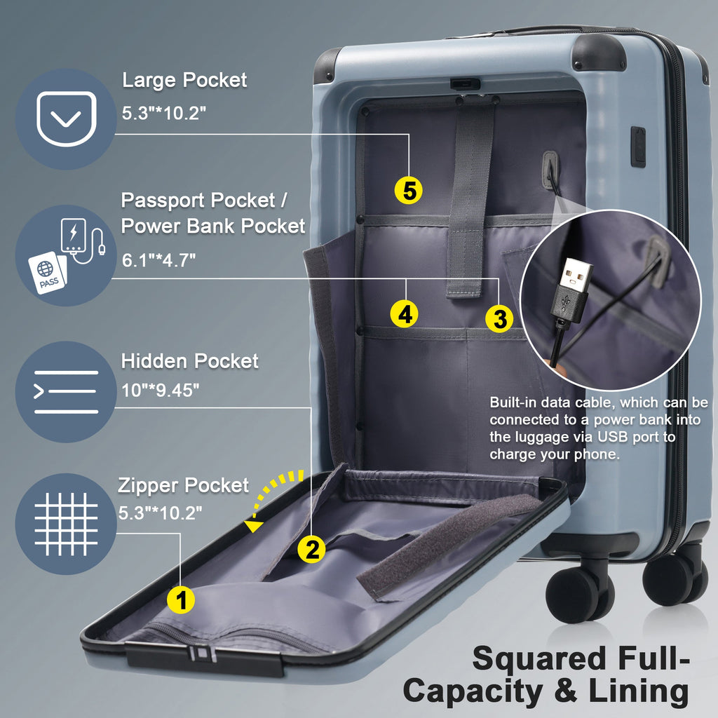 5-Piece ABS Hardshell Luggage Set with Front Opening, TSA Lock, USB