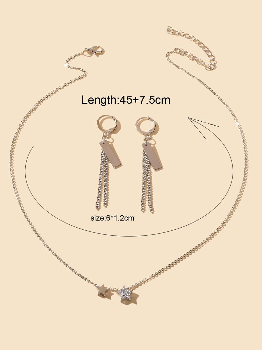 Silver Star Pendant Necklace & Rectangular Tassel Earrings Set