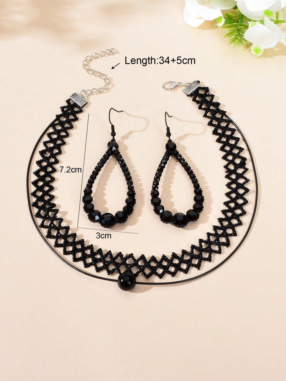 Black Lace Necklace with Teardrop Pendant Earrings Set - Elegant