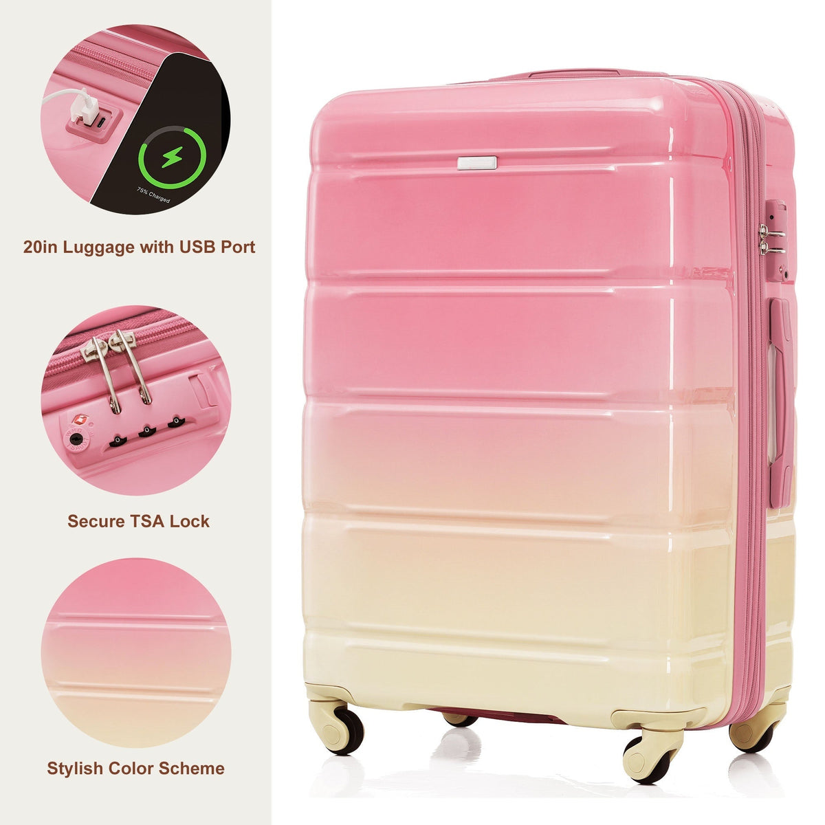 3-piece Luggage Set, 20-inch USB Airline Certified Carry-on ABS+PC