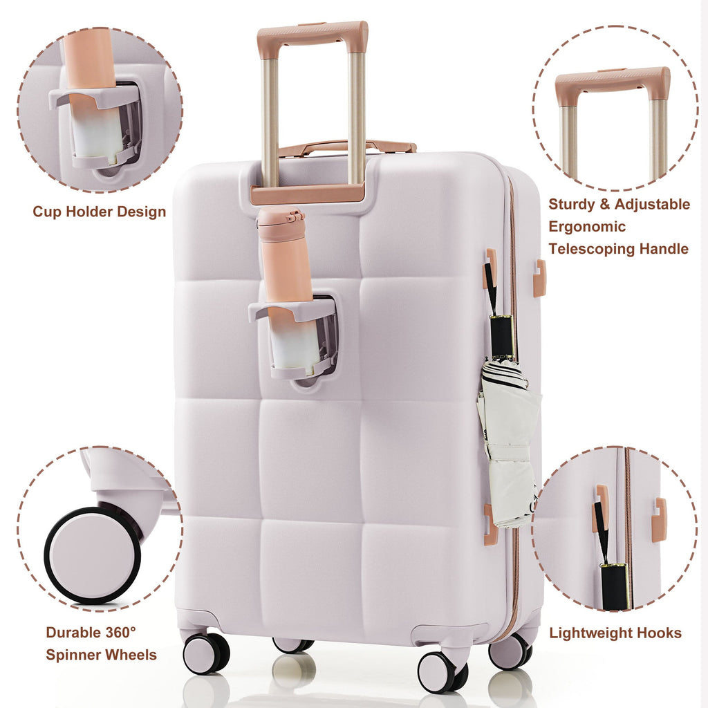 3-Piece ABS Luggage Set with Cup Holder, Side Hooks and Spinner Wheels
