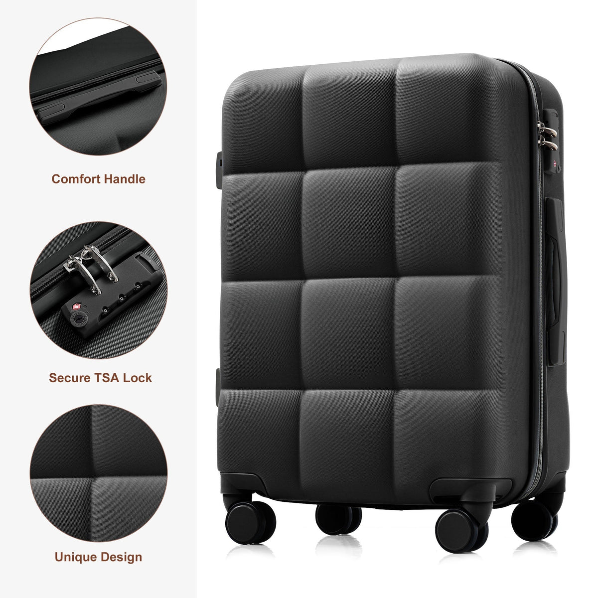 3-Piece ABS Luggage Set with Cup Holder, Side Hooks and Spinner Wheels