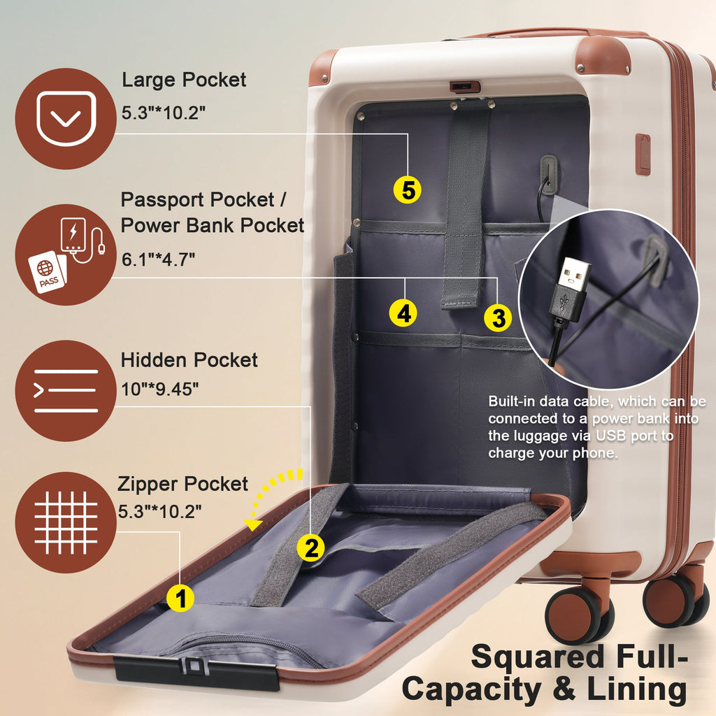 5-Piece ABS Hardshell Luggage Set with Front Opening, TSA Lock, USB