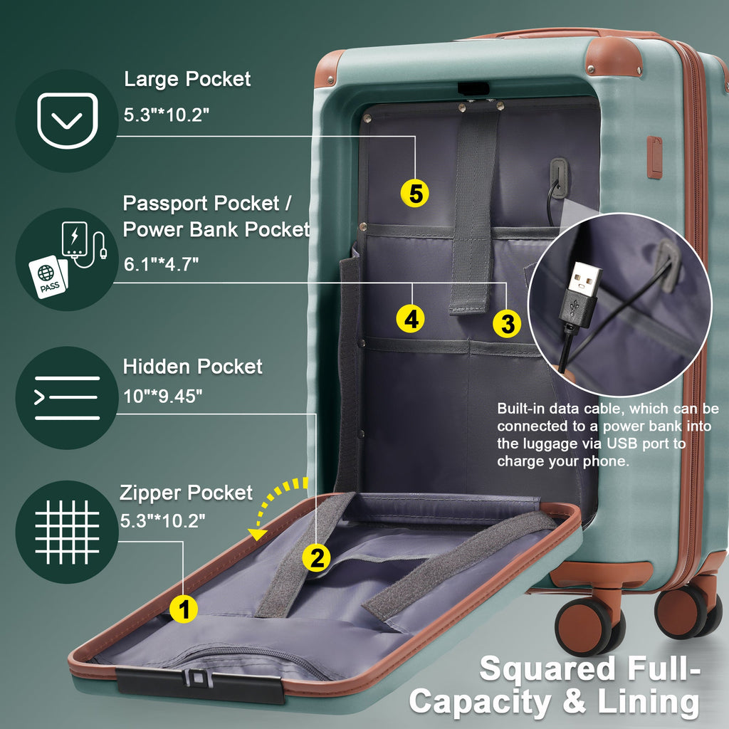 5-Piece ABS Hardshell Luggage Set with Front Opening, TSA Lock, USB