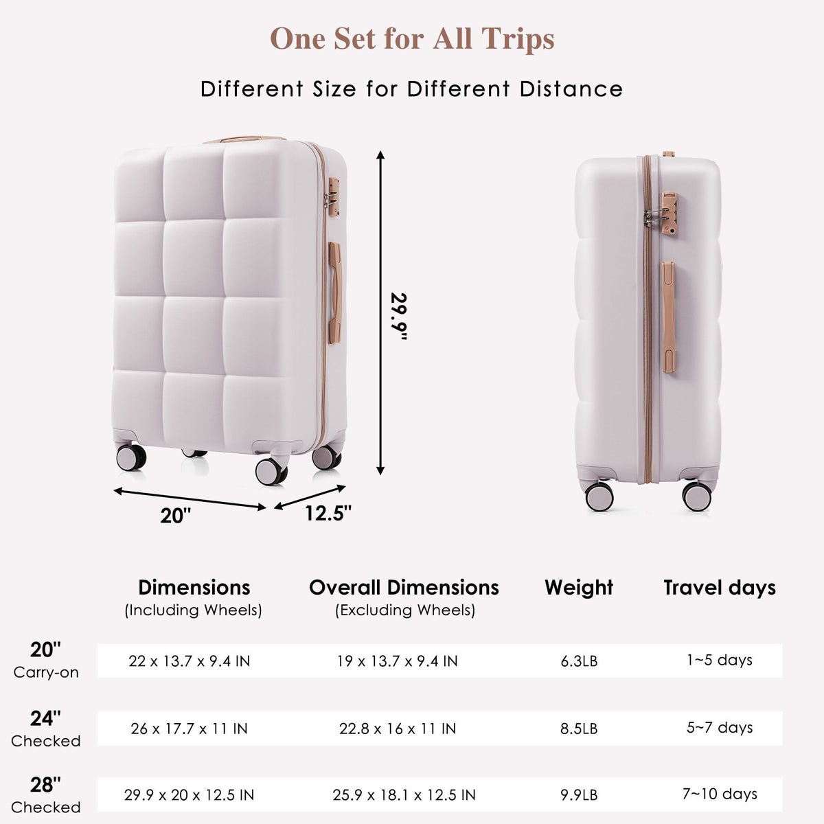 3-Piece ABS Luggage Set with Cup Holder, Side Hooks and Spinner Wheels