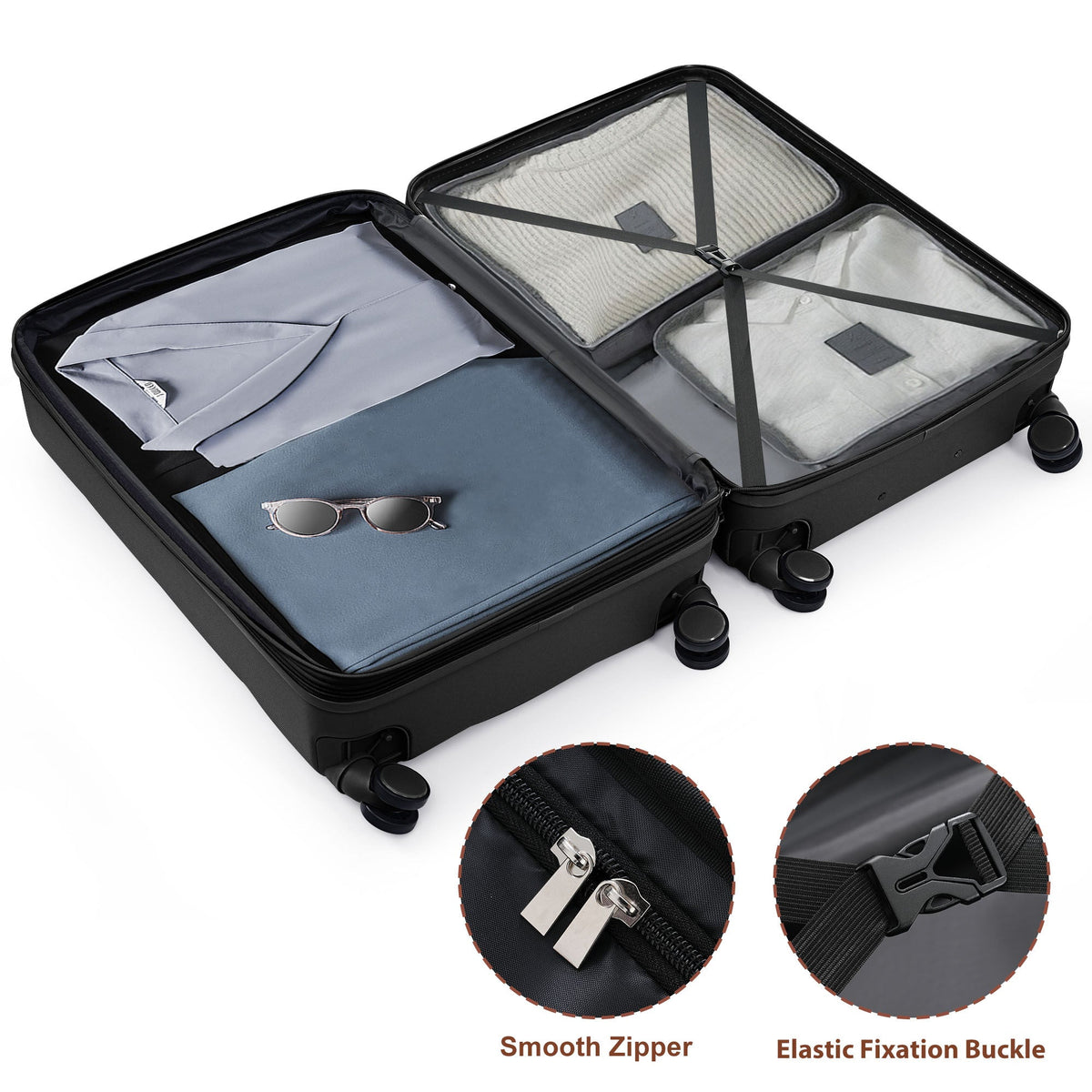 3-Piece ABS Luggage Set with Cup Holder, Side Hooks and Spinner Wheels