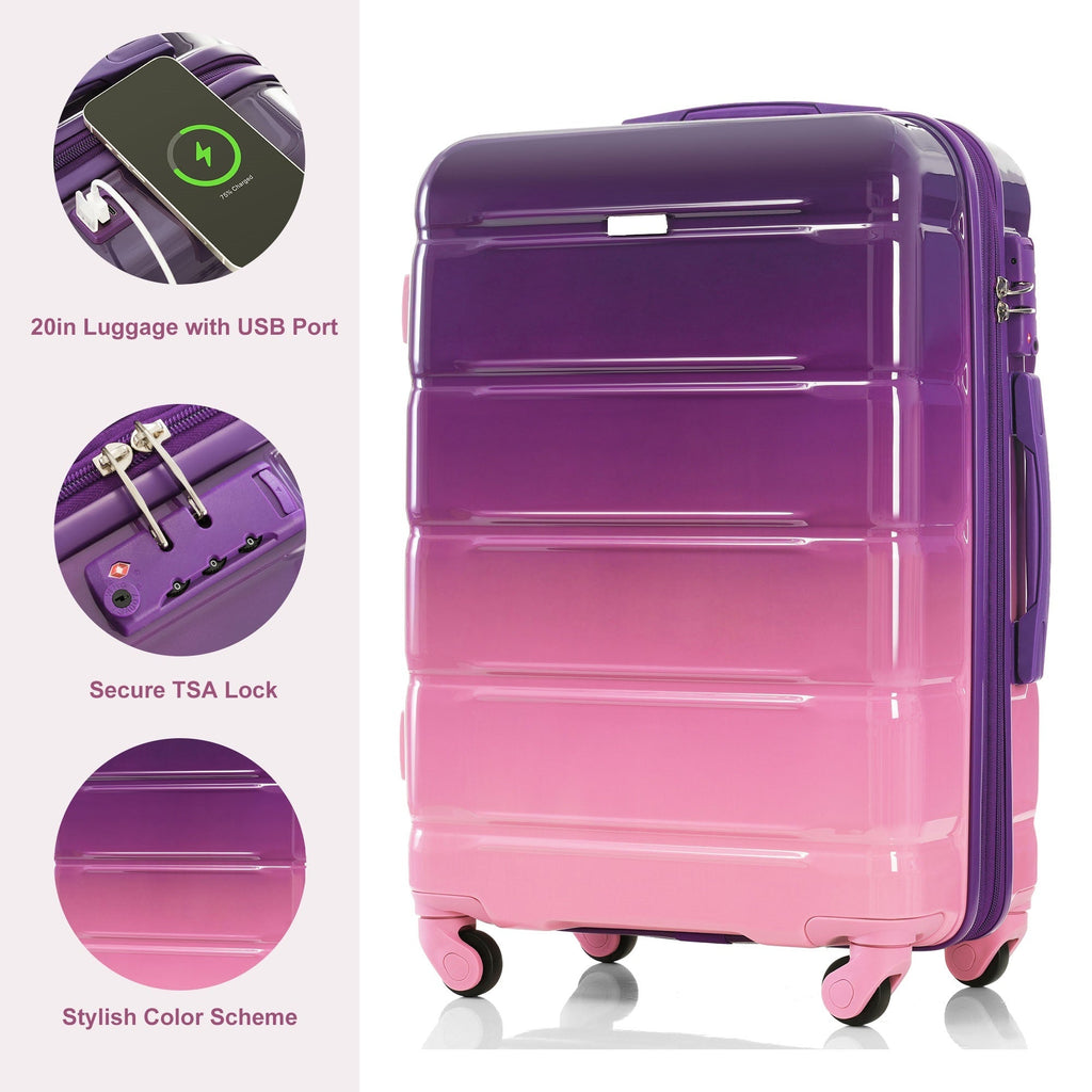 3-piece Luggage Set, 20-inch USB Airline Certified Carry-on ABS+PC