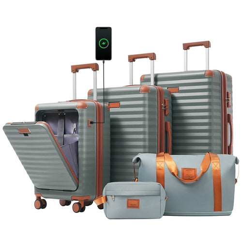 5-Piece ABS Hardshell Luggage Set with Front Opening, TSA Lock, USB