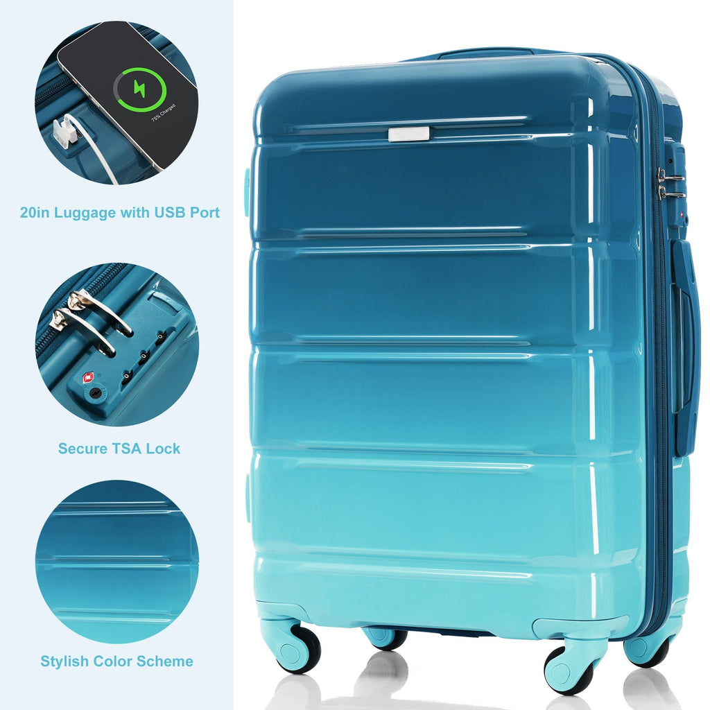3-piece Luggage Set, 20-inch USB Airline Certified Carry-on ABS+PC