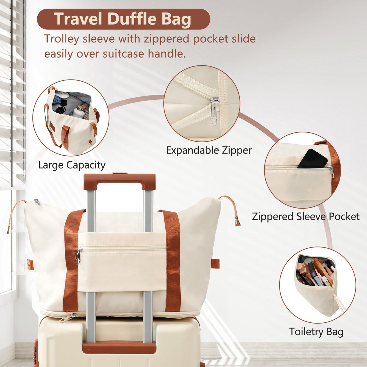 Brown White 6-Piece Expandable ABS Luggage Set with Duffel and