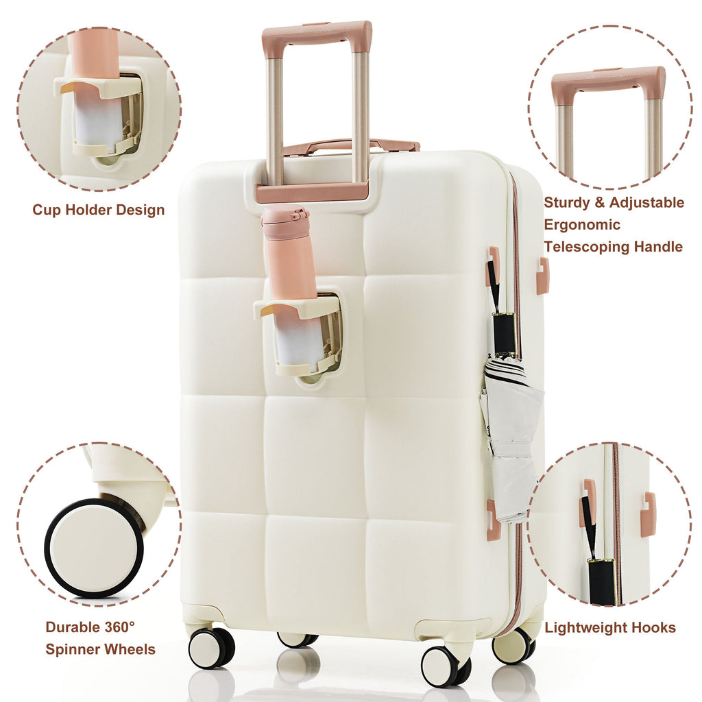 3-Piece ABS Luggage Set with Cup Holder, Side Hooks and Spinner Wheels