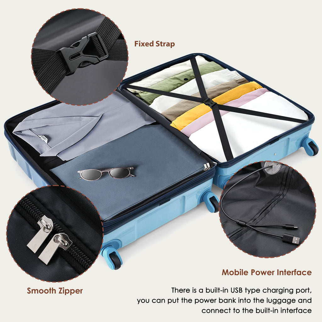 3-piece Luggage Set, 20-inch USB Airline Certified Carry-on ABS+PC
