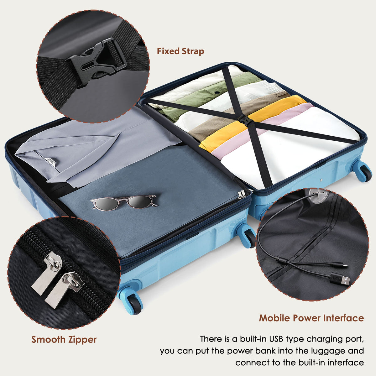3-piece Luggage Set, 20-inch USB Airline Certified Carry-on ABS+PC