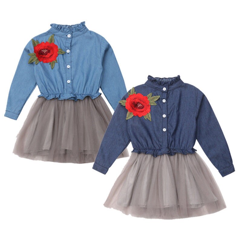 Brief Kids Girls Princess Dress Denim Long Sleeves