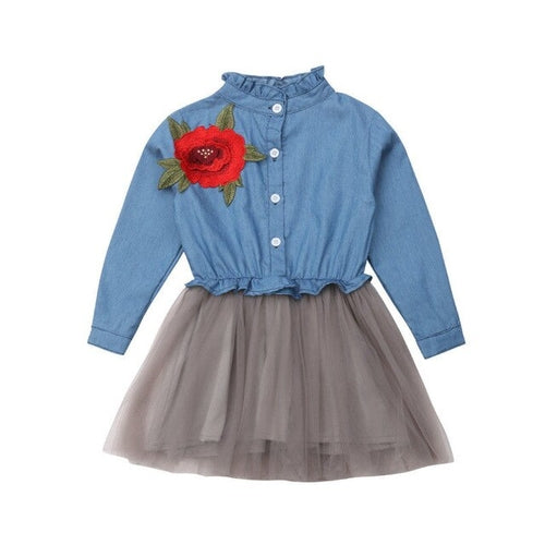 Brief Kids Girls Princess Dress Denim Long Sleeves