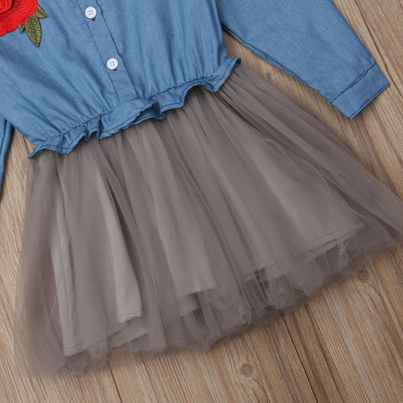 Brief Kids Girls Princess Dress Denim Long Sleeves