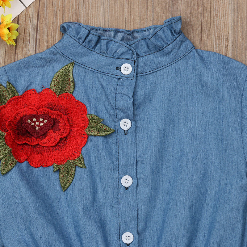 Brief Kids Girls Princess Dress Denim Long Sleeves