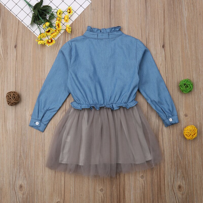 Brief Kids Girls Princess Dress Denim Long Sleeves