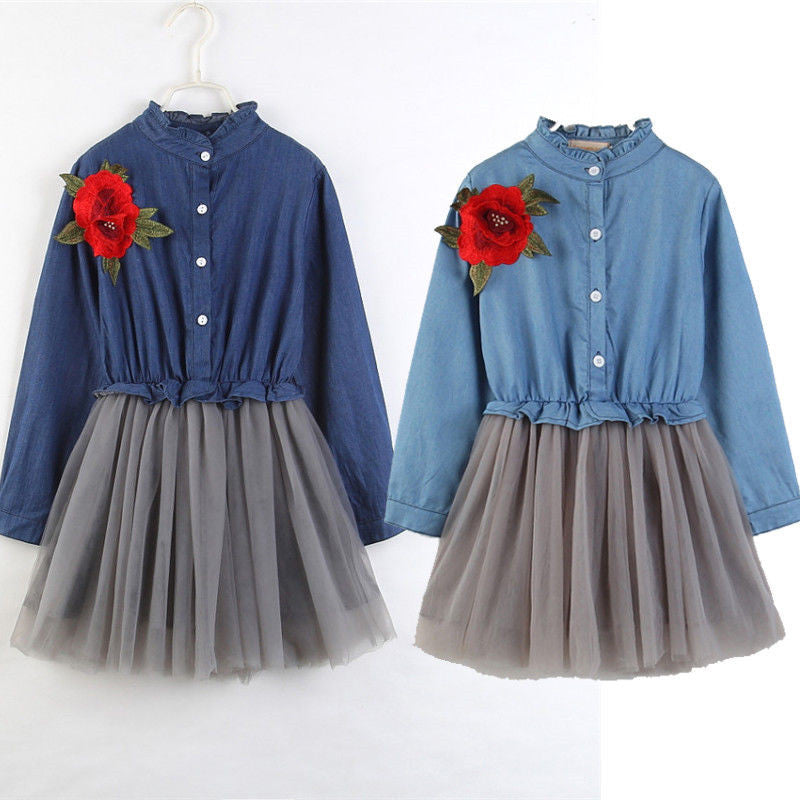 Brief Kids Girls Princess Dress Denim Long Sleeves