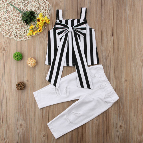 Kids Baby Girl Striped Bow Outfit Shirt Tops+Long