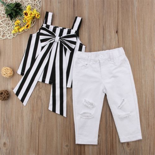 Kids Baby Girl Striped Bow Outfit Shirt Tops+Long