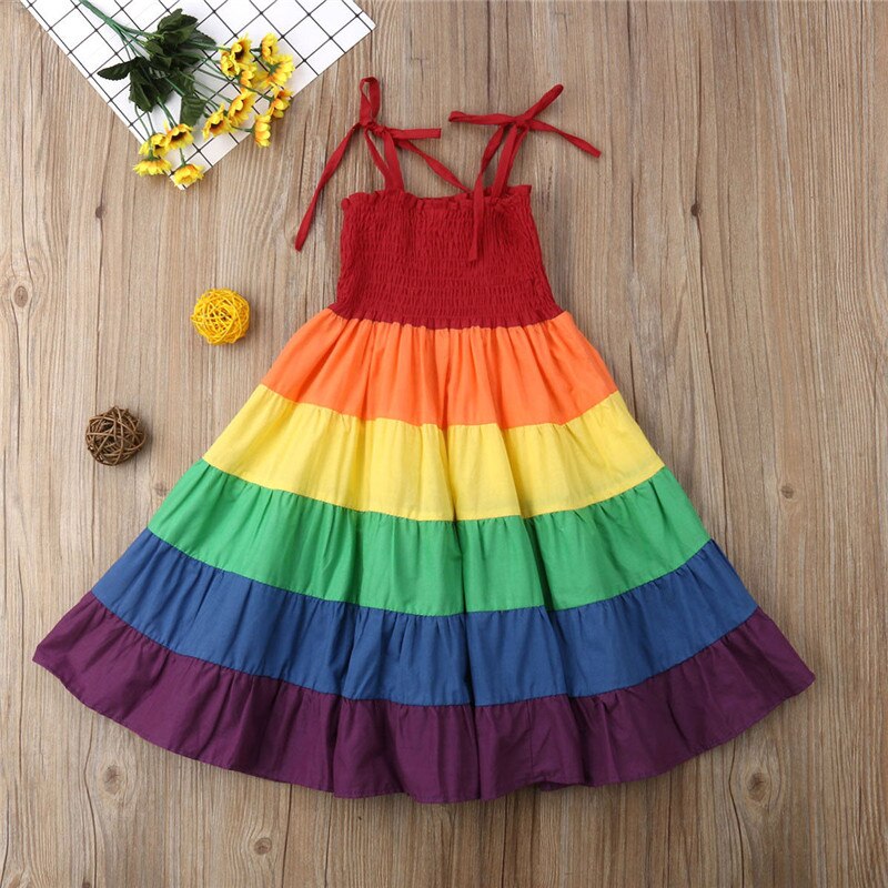 Princess Girls Casual Dress Striped Rainbow Cool