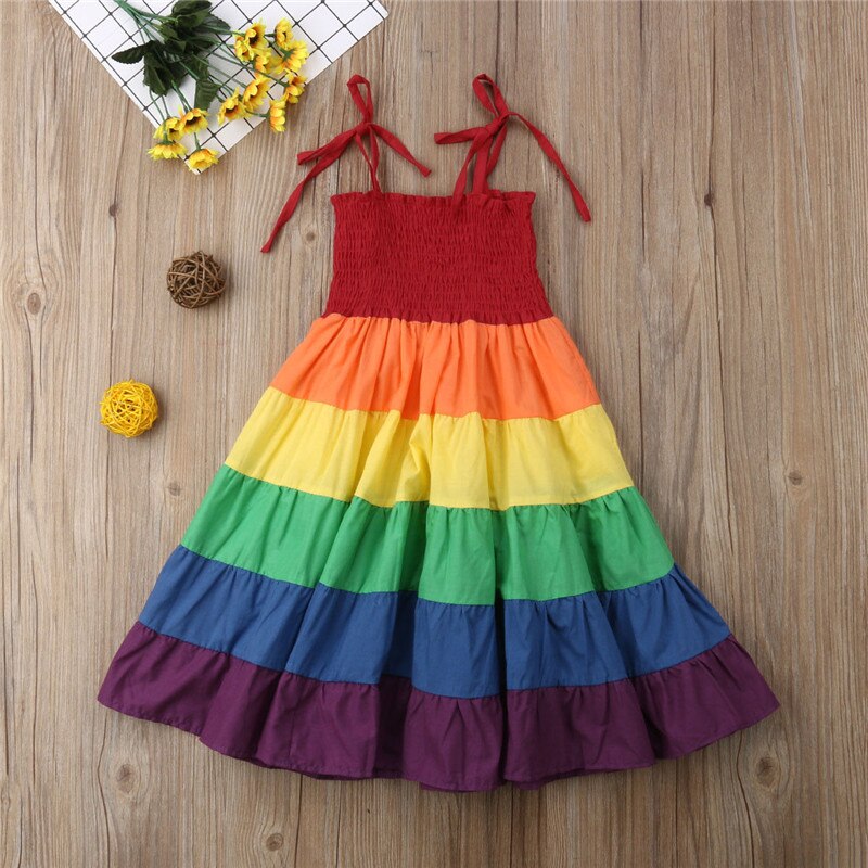 Princess Girls Casual Dress Striped Rainbow Cool
