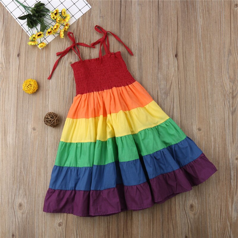 Princess Girls Casual Dress Striped Rainbow Cool