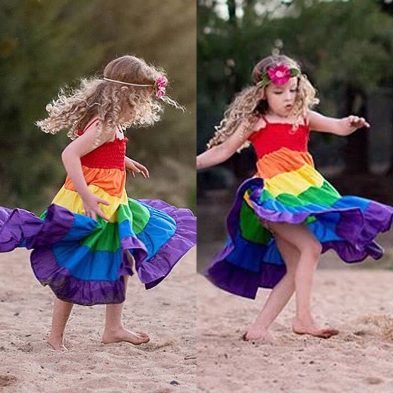 Princess Girls Casual Dress Striped Rainbow Cool